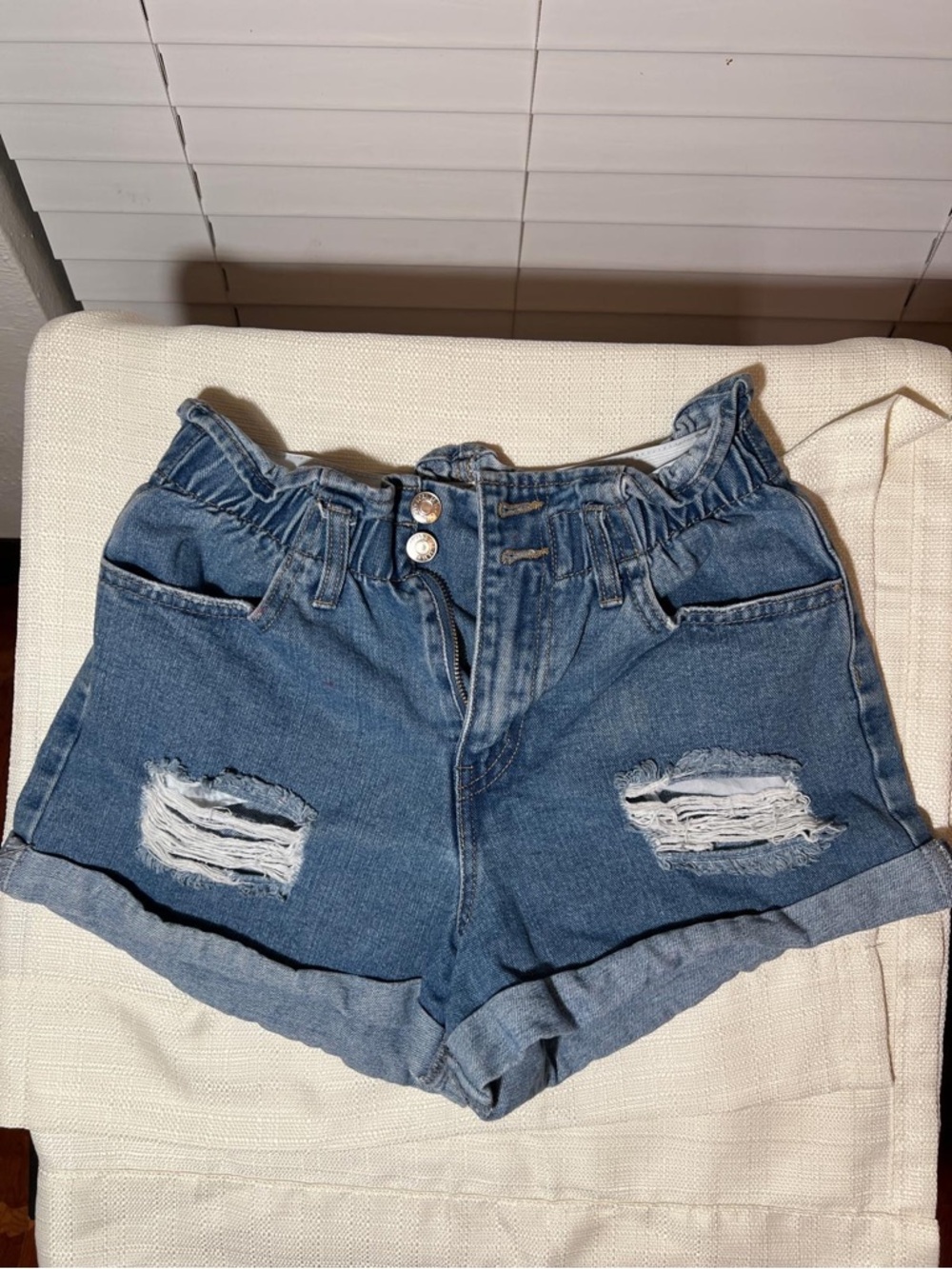 Forever 21 Distressed Paperbag Waist Denim Shorts - Blue